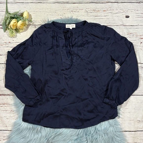 Bella Dahl Navy Satin Tie Neck Blouse - Picture 1 of 8